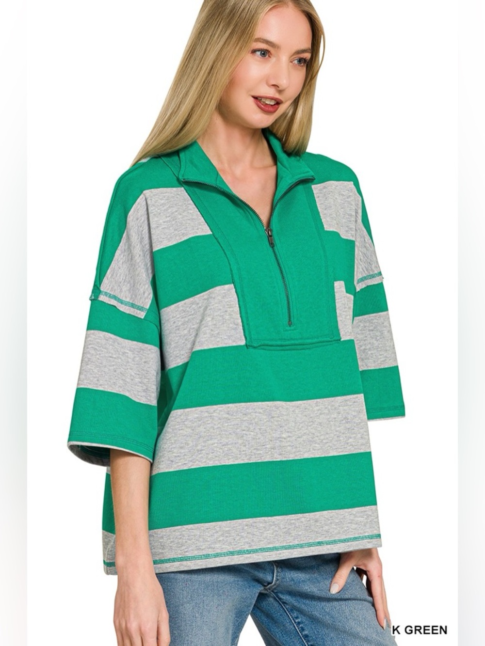 Zenana Frenchterry Striped Half Zip Top & Shorts Set - Picture 2 of 12